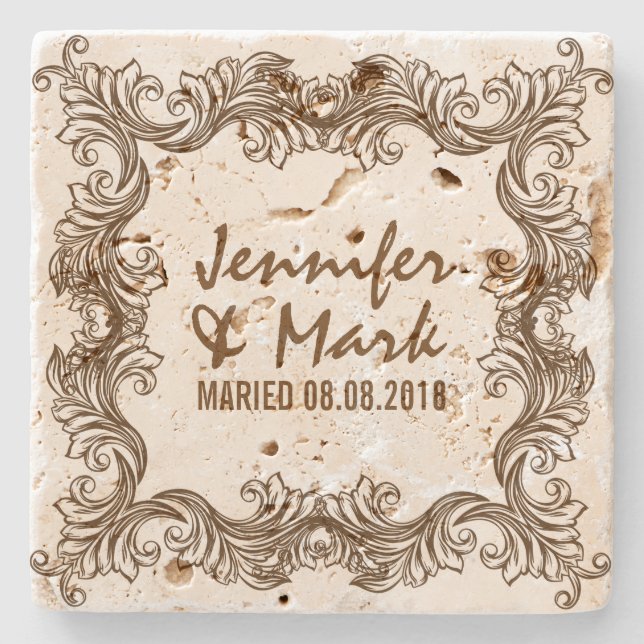 Wedding Coaster Beige Brown Vintage Floral Frame (Front)