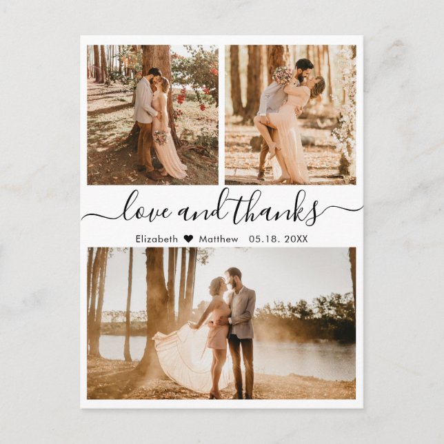 Wedding Collage Love and Thanks Script Thank You Postcard (Front)