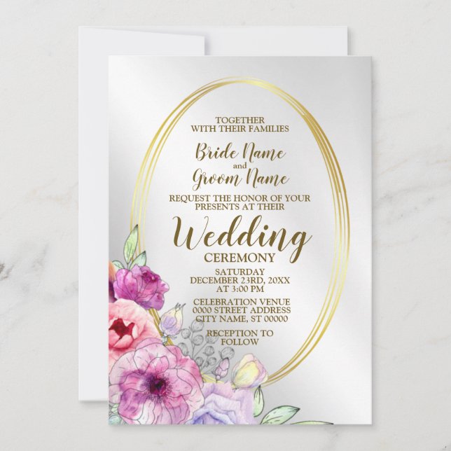 Wedding Colourful Pink Floral Golden Frame Elegant Invitation (Front)