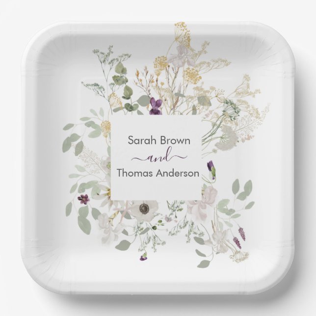 Wedding COLOURFUL WILDFLOWER YELLOW AND  PURPLE Paper Plate (Front)