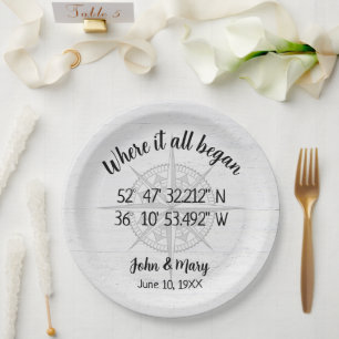 Wedding Compass GPS Coordinates Paper Plate