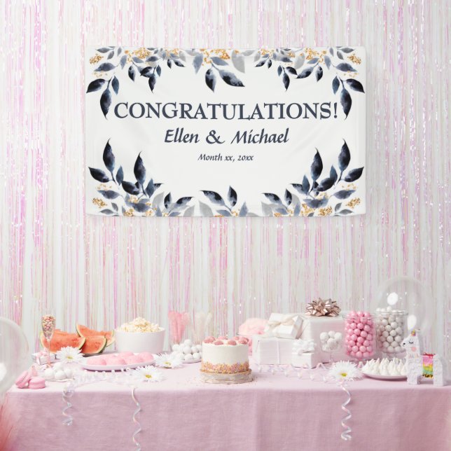 Wedding Congratulations Banner Elegant Blue Gold (Party)
