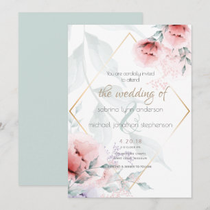 Wedding   Coral and Lilac Aquarelle Peonies Invitation