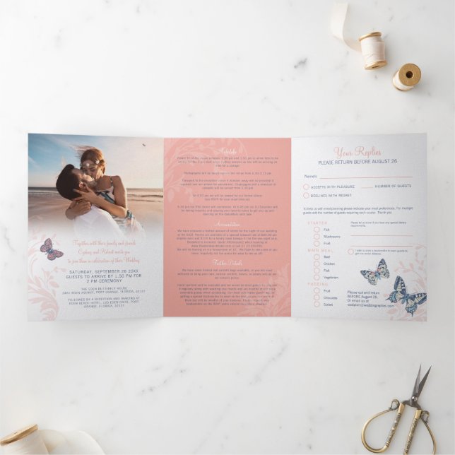Wedding coral blue butterflies all-in-one  Tri-Fold invitation (Inside)