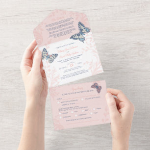 Wedding coral butterflies details & meal RSVP All  In One Invitation