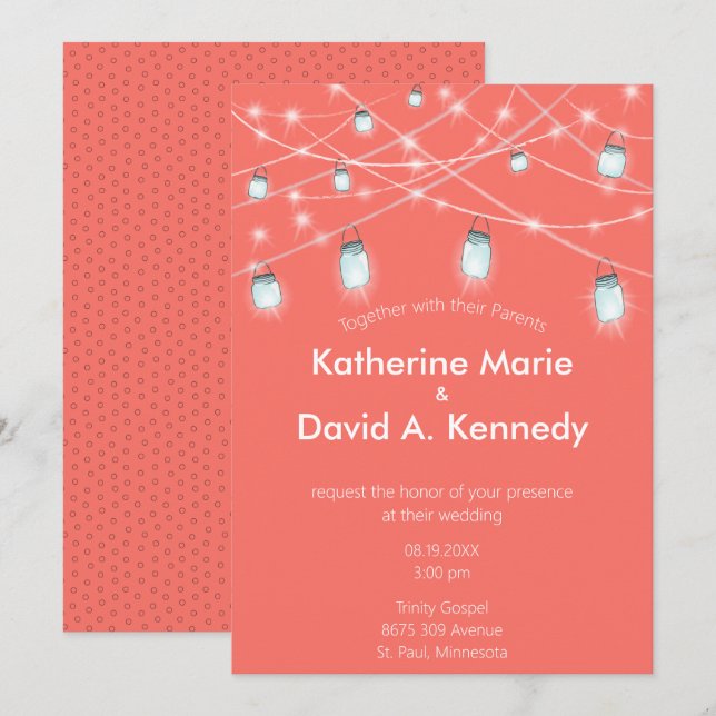 Wedding Coral Mason Jar String Light Any Colour Invitation (Front/Back)