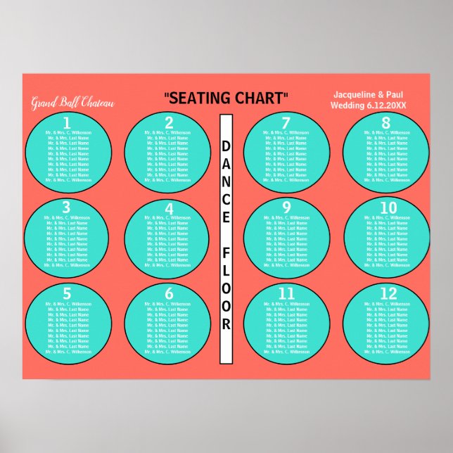 Wedding Coral Turquoise 12 Table Seating Chart (Front)