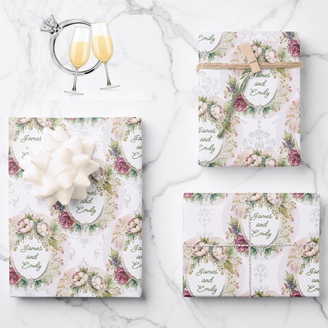 Wedding Country Rose Personalize Names Damask 3 Wrapping Paper Sheet (Creator Uploaded)