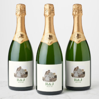 Wedding Couple Add Photo Green Monogram Sparkling Wine Label