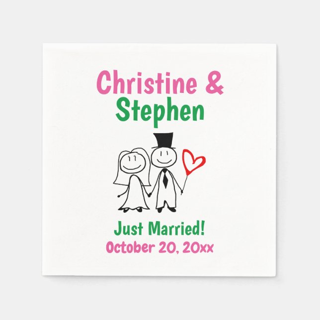 Wedding Couple Bride Groom Cute Stick Figure Napkin (Front)