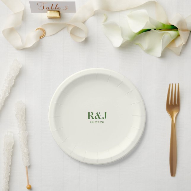 Wedding Couple Green Monogram Paper Plate (Wedding)