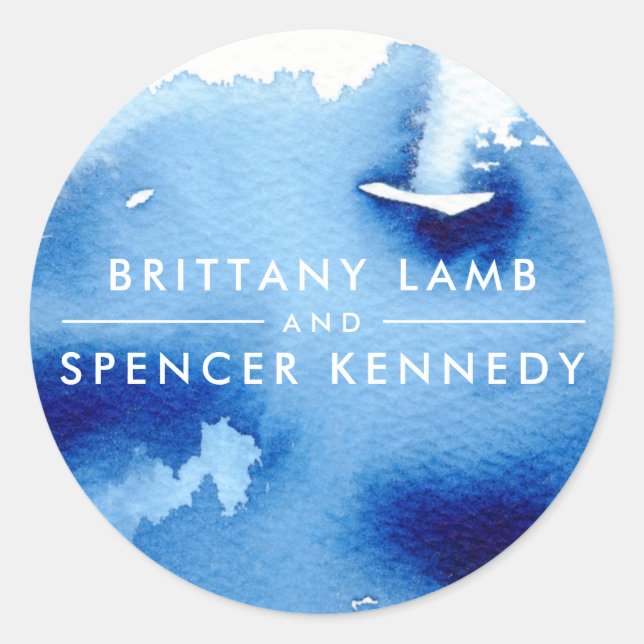 WEDDING COUPLE modern navy blue watercolor Classic Round Sticker (Front)