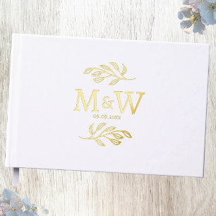 Wedding Couple Monogram Date Botanical Leaves Guest Book