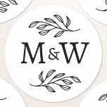 Wedding Couple Monogram Elegant Botanical Classic Round Sticker<br><div class="desc">Add a touch of class to your wedding with this unique personalized couple monogram initial botanical leaves design.  Modern,  minimalist and simple serif font for a sophisticated look. Ideal for your invitation stationery and favour boxes.  Original art by Nic Squirrell.</div>