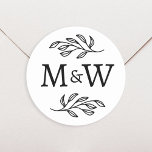 Wedding Couple Monogram Elegant Botanical Classic Round Sticker<br><div class="desc">Add a touch of class to your wedding with this unique personalized couple monogram initial botanical leaves design.  Modern,  minimalist and simple serif font for a sophisticated look. Ideal for your invitation stationery and favour boxes.  Original art by Nic Squirrell.</div>