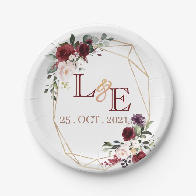 Wedding couple monogram  floral paper plate (Front)