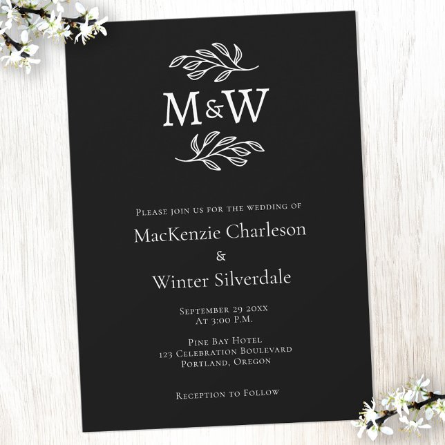 Wedding Couple Monogram Initials Botanical Black Invitation (Simple minimalist wedding couple monogram initials black and white wedding invitation)