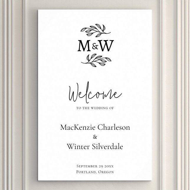 Wedding Couple Monogram Initials Botanical Welcome Poster (Modern minimalist wedding couple monogram initial wedding welcome sign)