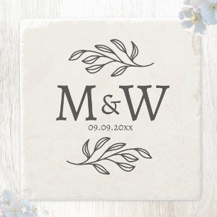 Wedding Couple Monogram Initials Date Botanical Stone Coaster