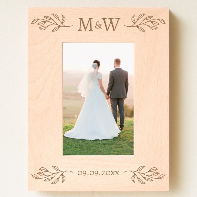 Wedding Couple Monogram Initials Date Personalized Etched Frames (Modern wedding couple monogram initials date personalized botanical leaf etched wooden frame)