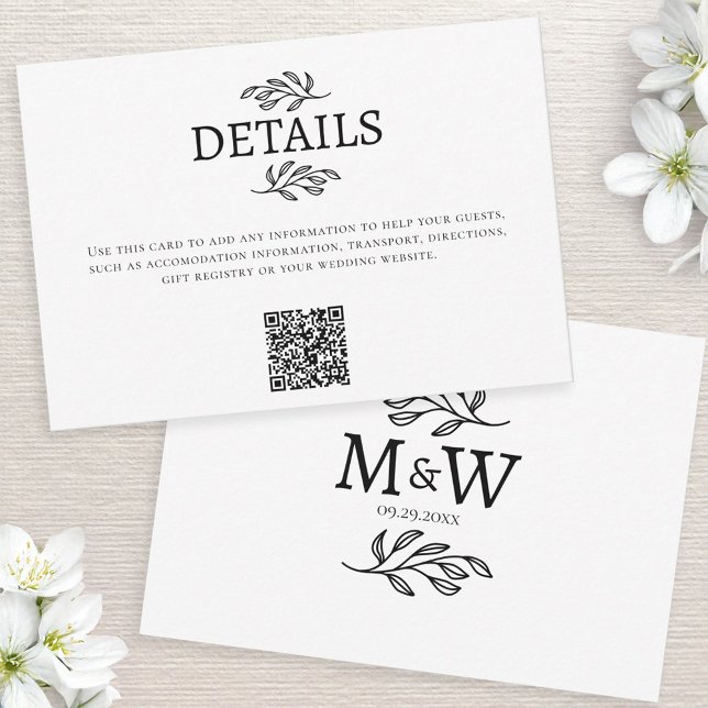 Wedding Couple Monogram Initials Details QR Card (Wedding information details website QR code enclosure card couple monogram initials botanical art)