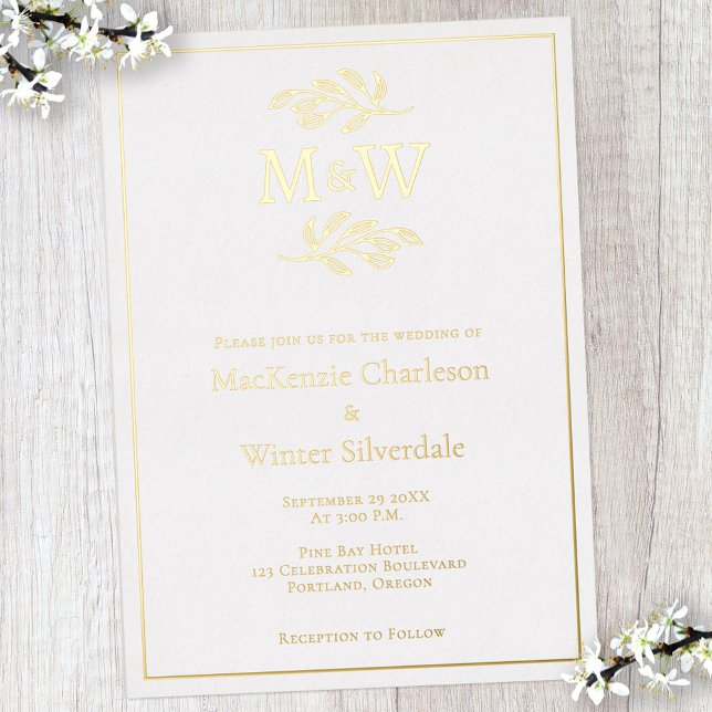 Wedding Couple Monogram Initials Minimalist Gold (Modern gold foil wedding invitation with couple initials monogram and botanical leaf line art)