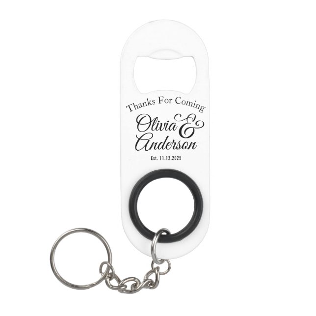 Wedding Couple Name Black Text Keychain Bottle Opener (Front)