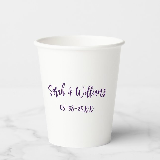 Wedding couple. Name date purple simple minimal mo Paper Cups (Front)