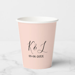 Wedding couple name letter date red pastel backgro paper cups
