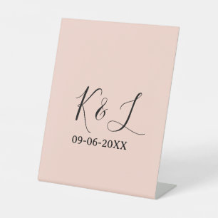 Wedding couple name letter date red pastel backgro pedestal sign