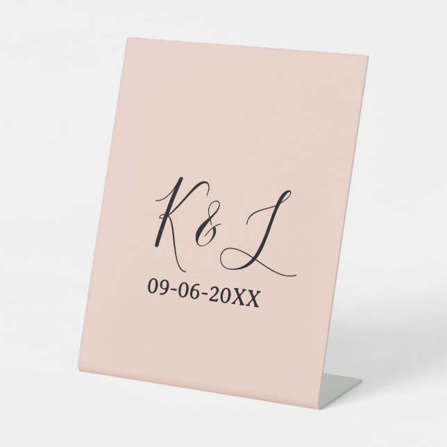 Wedding couple name letter date red pastel backgro pedestal sign (Front)