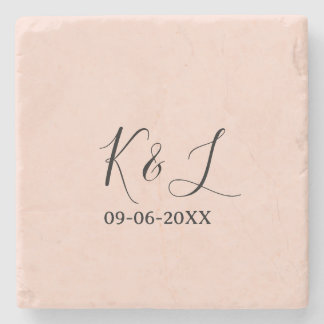 Wedding couple name letter date red pastel backgro stone coaster