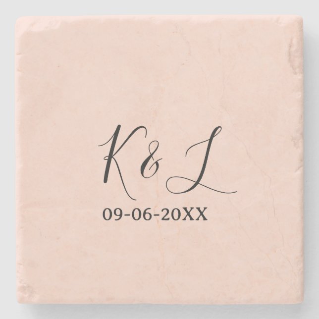 Wedding couple name letter date red pastel backgro stone coaster (Front)