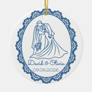 Wedding Couple Names & Date Romantic Line Art Ceramic Ornament