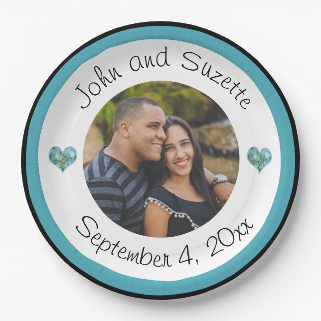 Wedding Couple Personalized Photo Names Date Paper Plate (Front)
