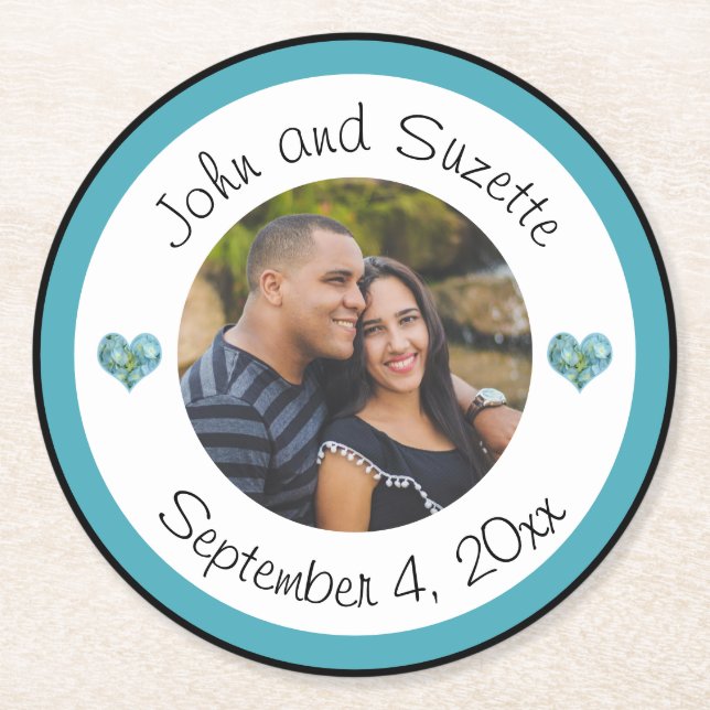 Wedding Couple Personalized Photo Names Date  Round Paper Coaster (Front)