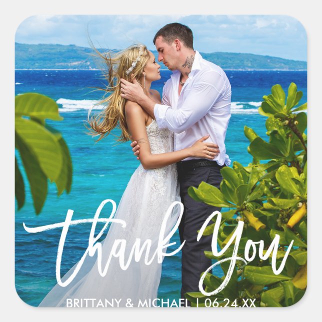 Wedding Couple Photo Modern Brush Script Thank You Square Sticker (Front)