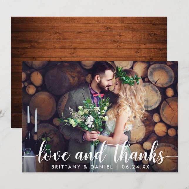 Wedding Couple Photo Wood Love and Thanks Card (Front/Back)