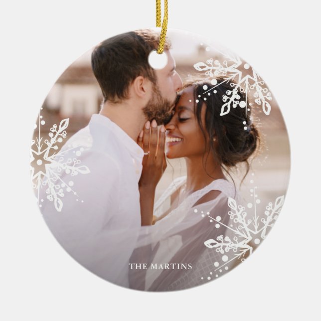 Wedding Couple Pretty Snowflake Overlay Photo Ceramic Ornament (Front)