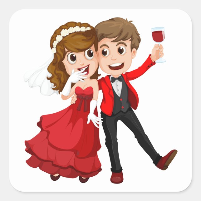 Wedding Couple Square Sticker (The bride, in her red gown, playfully covers her mouth while the groom raises a glass of wine.)