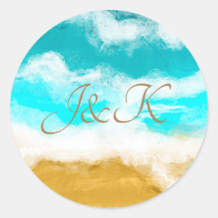 Wedding Couple's Initials Ocean Waves  Classic Round Sticker