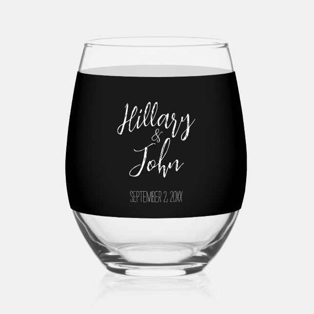 Wedding Couples Names and Date Classic Stemless Wine Glass (Front)