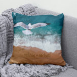 Wedding 🌴💍 Couples Names in Sand Writing Coastal Throw Pillow<br><div class="desc">Nautical Boutique Co.'s beach-themed design is the perfect way to commemorate your wedding day or any special occasion! 🌴💍 Add the newlyweds' names and wedding date written in sand for a personalized touch. The design also features a seagull in flight over a crashing wave, bringing the beauty of the beach...</div>