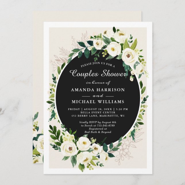 Wedding Couples Shower Greenery White Flowers Invitation (Front/Back)