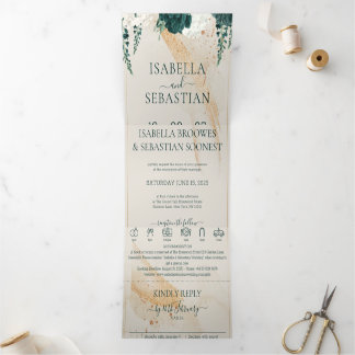 Wedding Cream All in one Emerald Green Rose Floral Tri-Fold Invitation