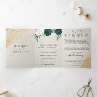 Wedding Cream All in one set Emerald Green Roses Tri-Fold Invitation