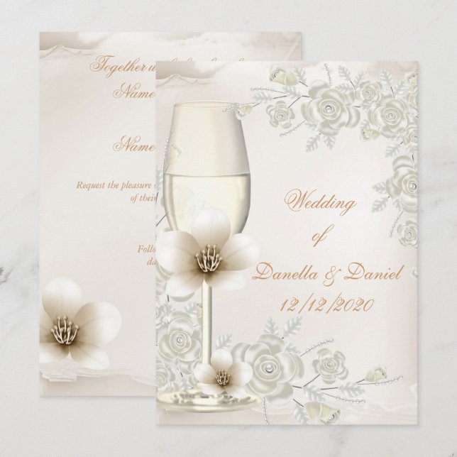 Wedding Cream Sepia Champagne Glass Flowers Invitation (Front/Back)