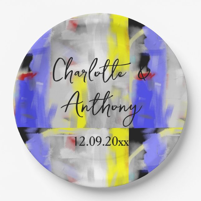Wedding Creative Abstract Art Blue Yellow White Paper Plate (Front)