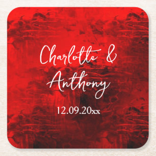 Wedding Creative Abstract Artwork Red Square Paper Coaster