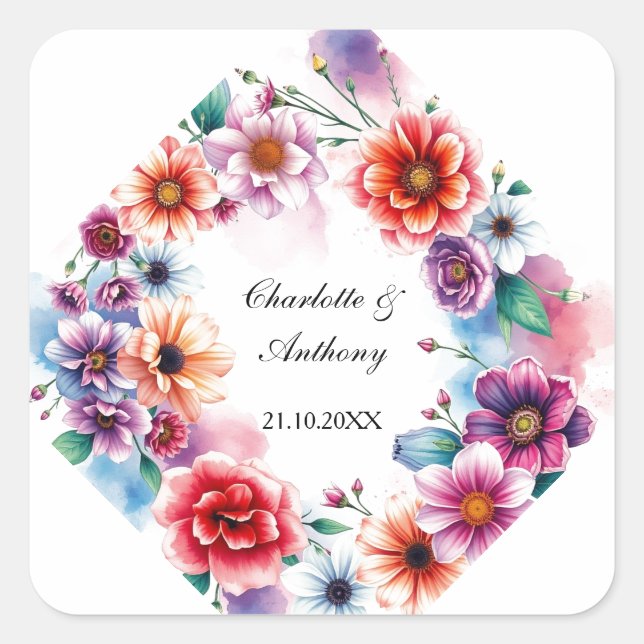 Wedding Creative Floral Names of Couple & Date Square Sticker (Front)